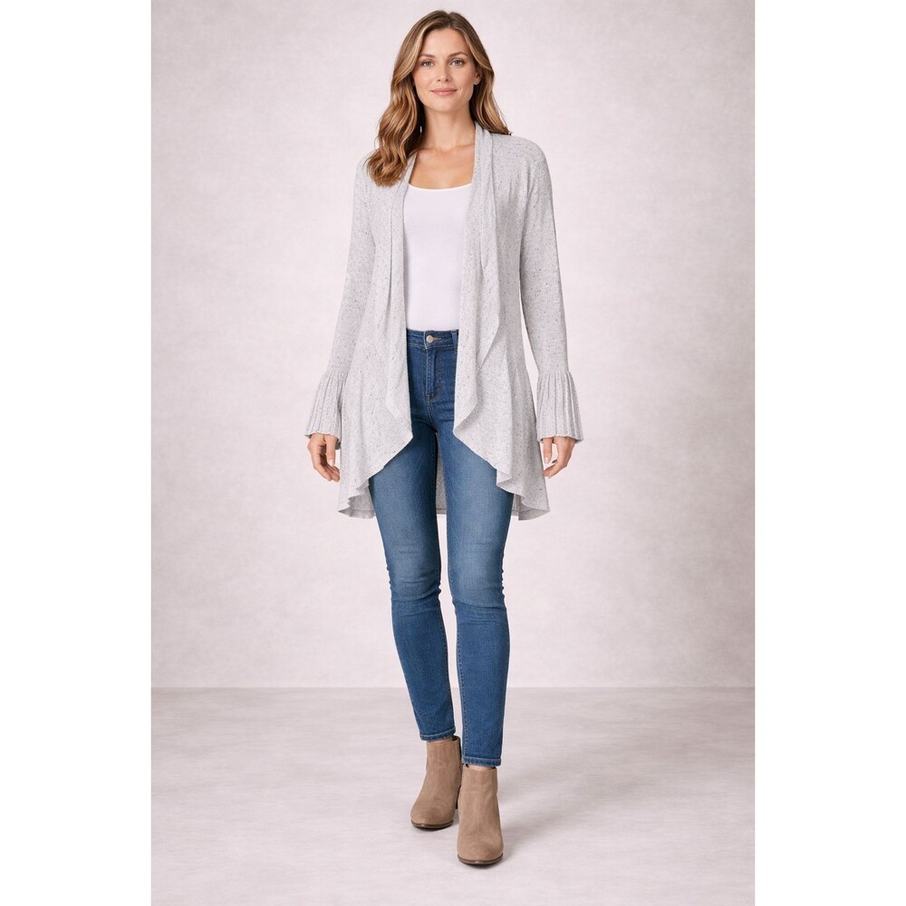 ANTHROPOLOGIE MOTH Gray Open Cardigan MEDIUM Wool Cashmere Blend Ruffle Sleeve